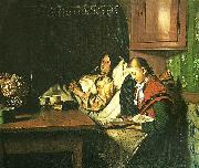 Michael Ancher ved en sygeseng, en ung pige lceser for den gamle kone i alkoven oil painting